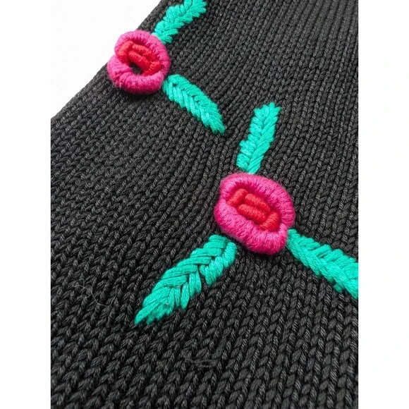 Vintage‎ Roberta Frost Woolart Cardigan Black Floral Rose Long Sleeve One Size - Picture 4 of 6